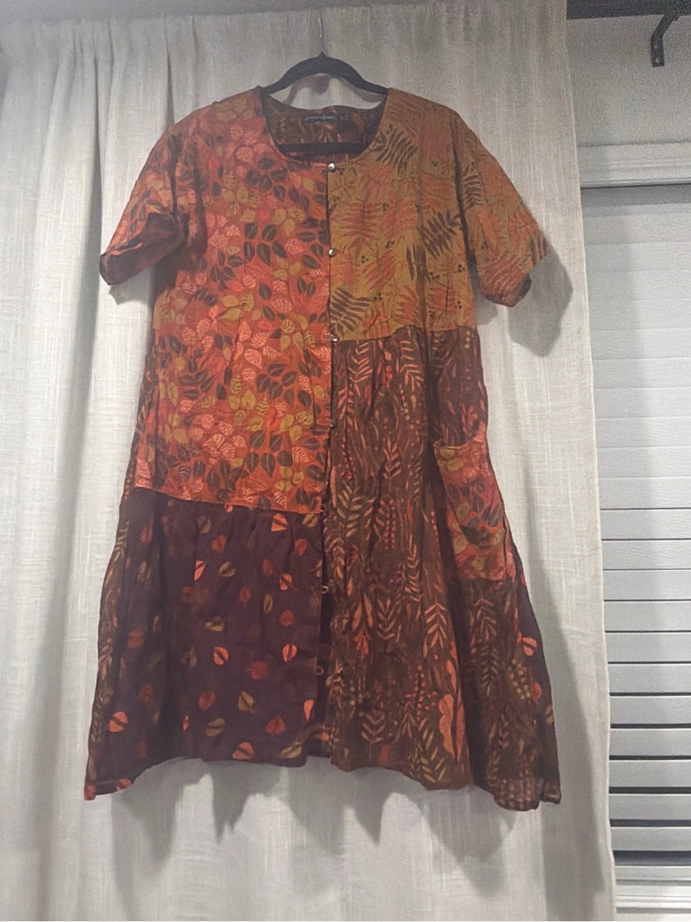 Gudrun Sjoden Patchwork Midi Dress in Rust, Brown, Gold